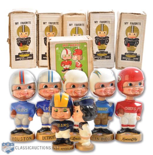 Late-1960s NFL / AFL Bobbing Head Doll Nodder Collection of 5 and Rams Kissing Pair in Boxes