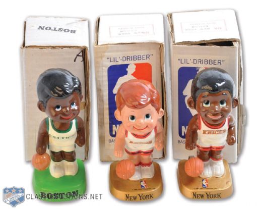 Late-1960s New York Knicks and Boston Celtics "Lil Dribbler" Basketball Dolls in Boxes