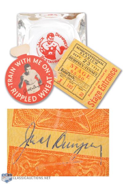 Jack Dempsey Collection of 3 Including Autographed 1926 Dempsey vs Tunney Championship Fight Ticket Stub