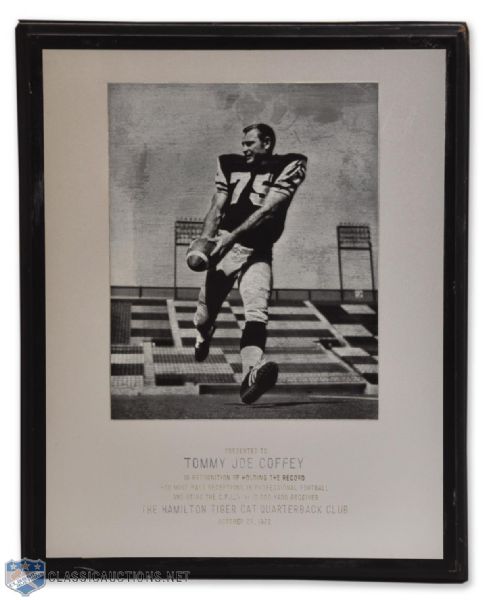 Tommy Joe Coffeys CFLs First 10,000 Yard Receiver Recognition Plaque (15” x 12”) 