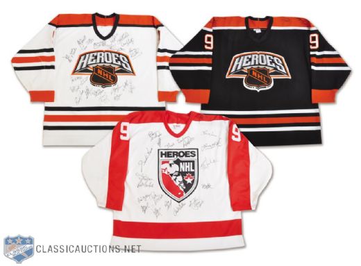 Lanny McDonalds NHL Heroes Team-Signed Game-Worn Jersey Collection of 3