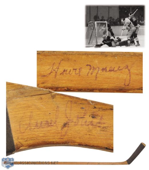 Howie Morenzs 1933-34 Montreal Canadiens Multi-Signed Game-Used Stick Featuring Morenz and Joliat