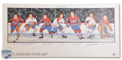 Montreal Canadiens Lithograph Autographed by 7 HOFers, Including Richard, Beliveau & Lafleur (18" x 39")