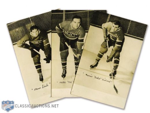 Rare Maurice Richard, Elmer Lach and Toe Blake Canadiens Real Photo Postcards