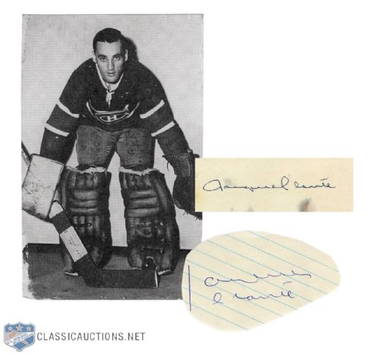 Jacques Plante Signed Montreal Canadiens Postcard and Cut