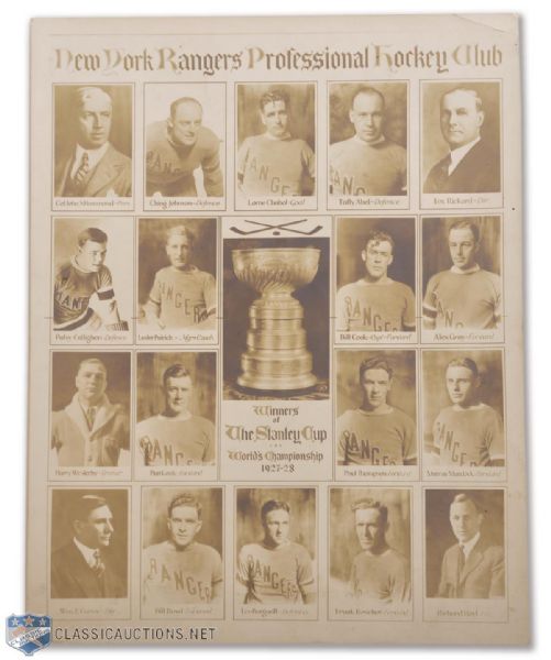 Bill Cooks Personal 1927-28 New York Rangers Stanley Cup Champions Official Team Photo (11" x 14")