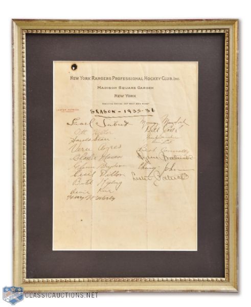 New York Rangers 1935-36 Team-Signed Sheet by 18 Featuring The Cook Bros, Patrick, Boucher, Seibert and Johnson