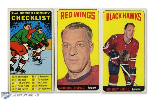 1964-65 Topps Tall Boys #20 Bobby Hull, #89 Gordie Howe and #55 Checklist