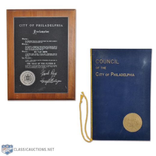 Ed Van Impes City of Philadelphia 1974 and 1975 Stanley Cup Championship Diploma and Plaque