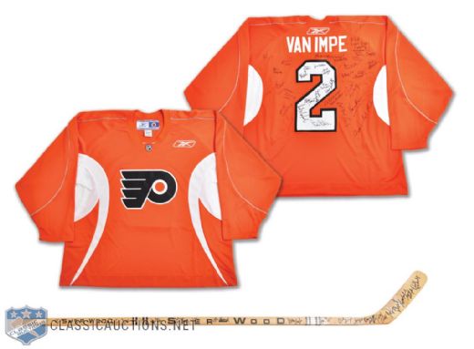 Ed Van Impes Philadelphia Flyers Greats Signed Jersey and Back-to-Back Stanley Cup Champions <br>Team-Signed Stick