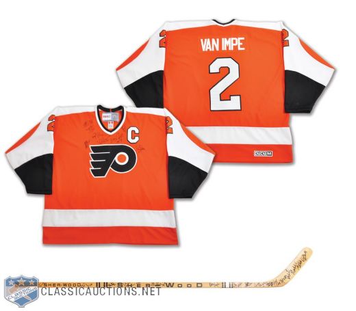 Ed Van Impes Philadelphia Flyers Multi-Signed Jersey and Back-to-Back Stanley Cup Champions <br>Team-Signed Stick