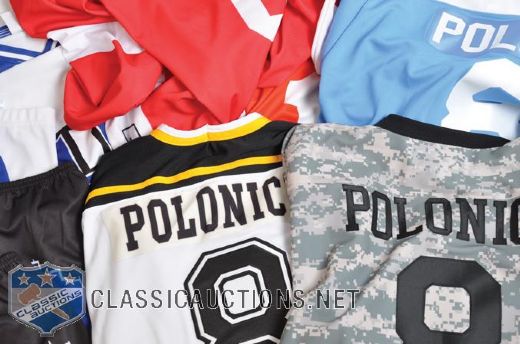Dennis Polonichs Oltimers / Charity Game-Worn Hockey Jersey and Equipment Bag Collection
