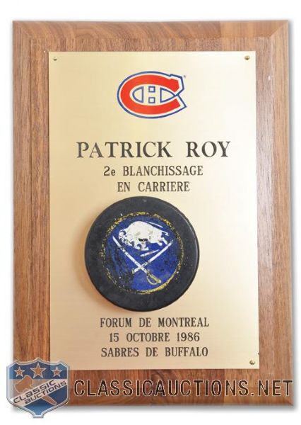 Patrick Roys 1986-87 Signed Second Career NHL Shutout Puck Plaque (8" x 11")