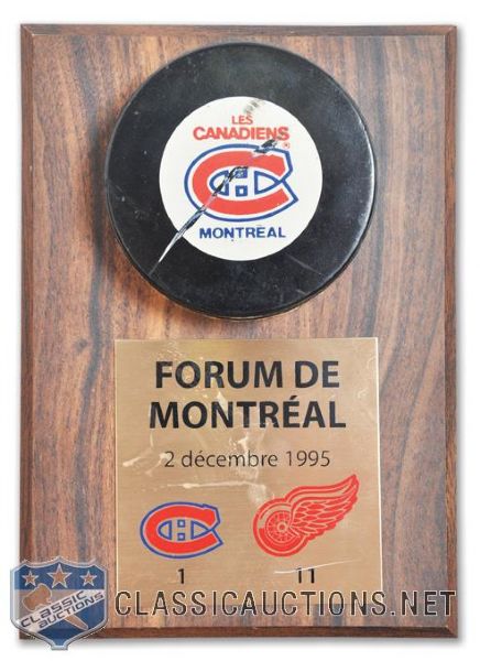 Patrick Roys Signed December 2nd 1995 Last Game with the Montreal Canadiens Game-Used Puck Plaque (5" x 7")