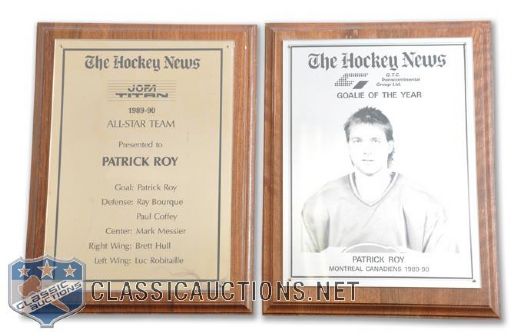 Patrick Roys 1989-90 The Hockey News "All-Star Team" and "Goalie of the Year" Plaques (12" x 9")