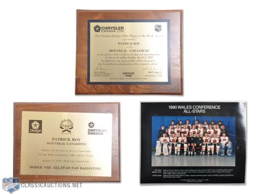 Patrick Roys 1986-87 "Player of the Week" and 1989-90 "All-Star Game" Plaques