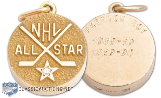 Patrick Roys 1989-90 NHL All-Star 10K Gold and Diamond Puck-Shaped Charm
