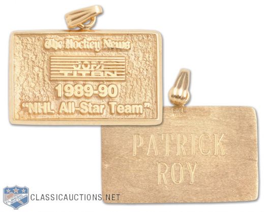 Patrick Roys 1989-90 NHL All-Star Team 10K Gold Pendant from the Hockey News