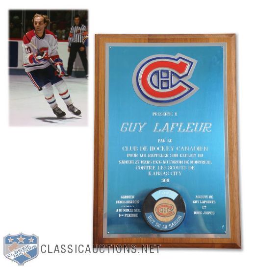 Guy Lafleurs 1975-76 Montreal Canadiens 50th Goal of Season Puck Plaque (10" x 15")