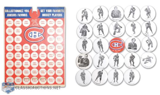 Montreal Canadiens 1970-72 Pinback Button Collection of 24 on Display Card