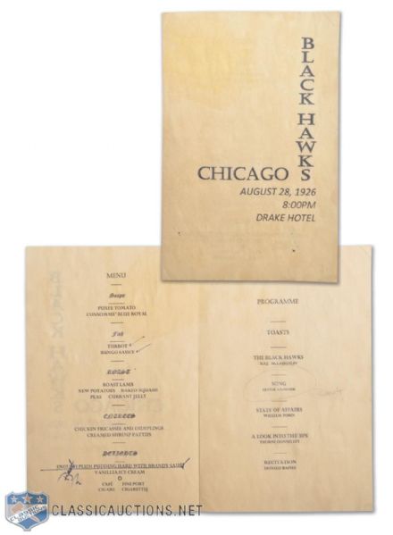 Major Frederic McLaughlins 1926 Chicago Black Hawks Team Inauguration Dinner Menu