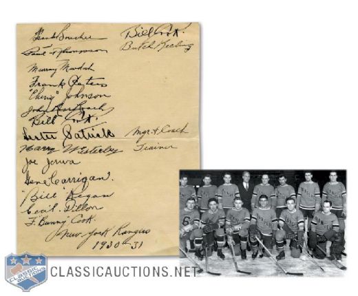 New York Rangers 1930-31 Team-Signed Sheet Including Five Deceased HOFers