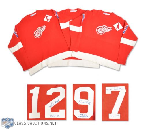 Howe, Lindsay and Abel Signed Detroit Red Wings Ebbets Field Wool Jerseys