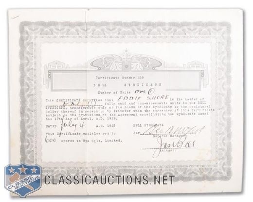 Eddie Shores 1929 Bell Syndicate Stock Share and Signed Application
