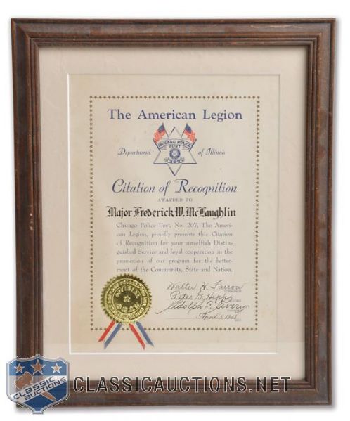 Major Frederic McLaughlins 1943 American Legion Framed Award (14 1/4" x 11 5/8")