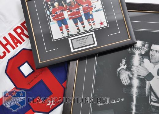 Maurice Richard, Jean Beliveau, Guy Lafleur Signed Jersey and Framed Photo Collection of 5