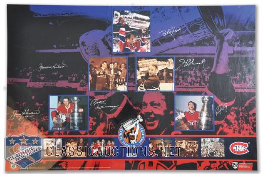 Montreal Canadiens Stanley Cup 100th Anniversary Poster Autographed <br>by Maurice and Henri Richard, Beliveau, Cournoyer, Gainey and Roy
