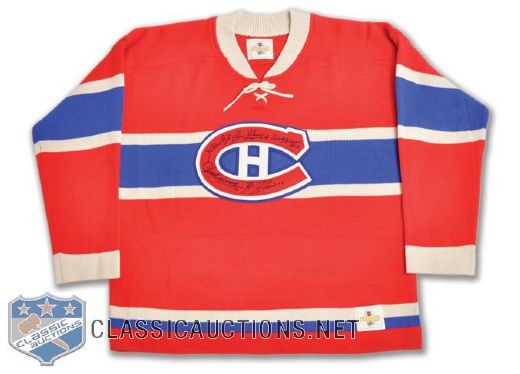 Montreal Canadiens Wool Jersey Signed by 5 Legends<br> - Henri Richard, Beliveau, Moore, Cournoyer and Lafleur!