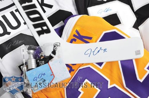 Jonathan Quick Signed LA Kings Jerseys (3), Stick and McFarlane Figurine with COAs