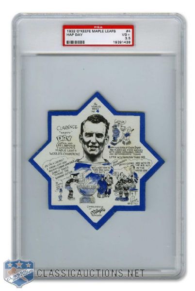 1932-33 OKeefes Coaster #4 HOFer Clarence "Hap" Day - Graded PSA 3.5 - Highest Graded!