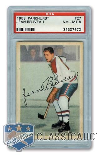 1953-54 Parkhurst #27 HOFer Jean Beliveau RC - Graded PSA 8