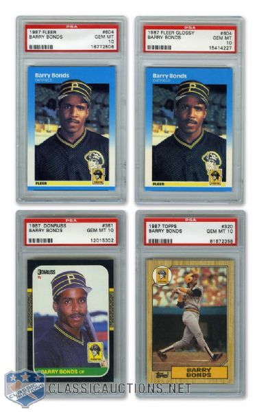 1987 Fleer, Fleer Update, Donruss & Topps Barry Bonds Graded PSA 10 Cards