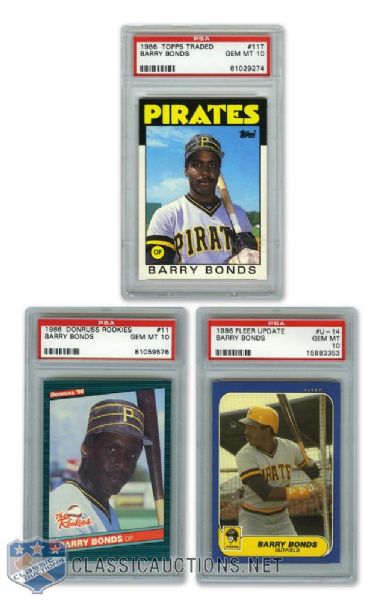 1986 Fleer Update, Donruss Rookies & Topps Traded Barry Bonds Graded PSA 10 Cards