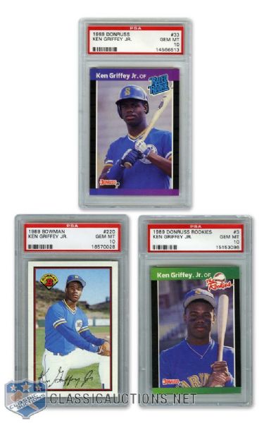 1989 Ken Griffey Jr. Graded PSA 10 RC Cards (5) with Donruss, Donruss Rookies and Bowman