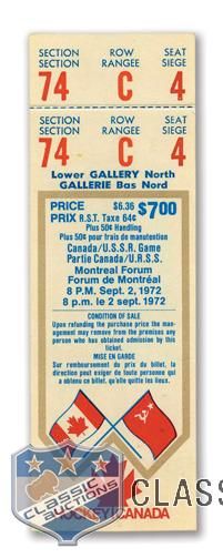 1972 Canada-Russia Series Game 1 Full Ticket from the Montreal Forum