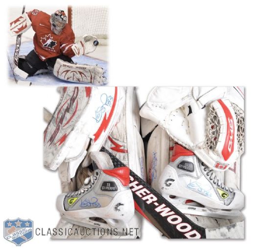 Kim St-Pierres 2008-09 Team Canada Signed Game-Used Blocker, Trapper, Skates and Photo-Matched Pads + Game-Used Stick