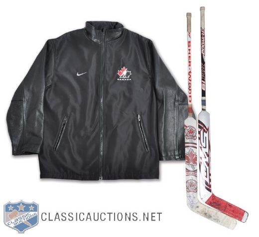 Kim St-Pierres 2002 Olympics Signed Nike Team Jacket + Signed Game-Used Sticks (2)