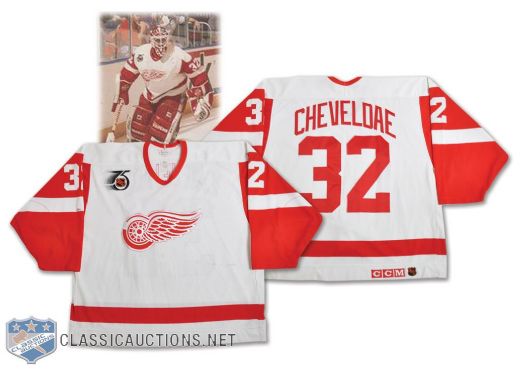 Tim Cheveldaes 1991-92 Detroit Red Wings Game-Worn Jersey with 75th Patch