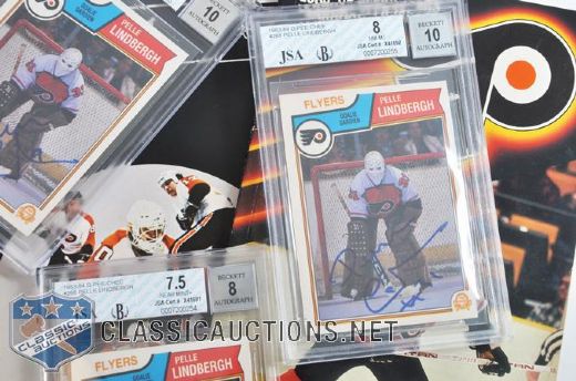 Pelle Lindbergh Autographed Philadelphia Flyers Card and Media Guide Collection of 5