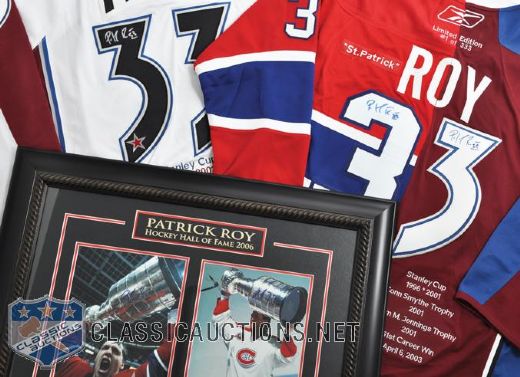 Patrick Roy Signed Jersey and Framed Photo Collection of 3