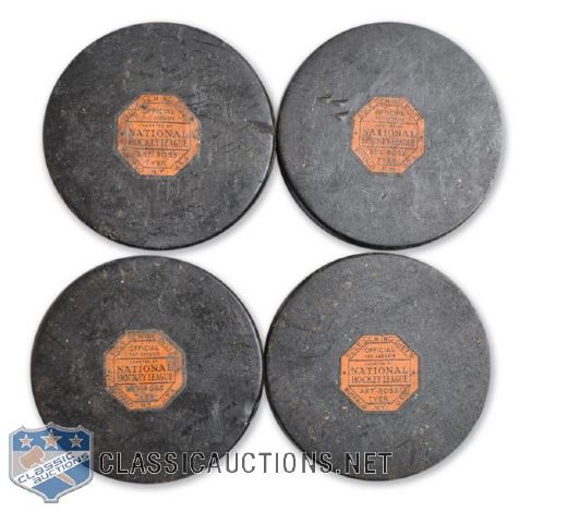 Charlie Hodges 1950s Minor Pro and Junior Hockey Shutout Puck Collection of 4