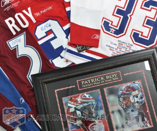 Patrick Roy Signed Jersey and Framed Photo Collection of 3