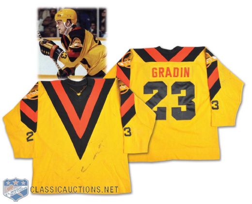 Thomas Gradins 1978-80 Vancouver Canucks V-Style Game-Worn Rookie Era Jersey <br>- Awesome Team Repairs!