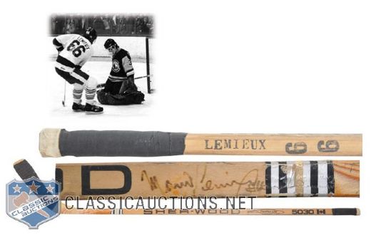 Mario Lemieuxs Early-1980s Laval Voisins Signed Sher-Wood Game-Used Stick