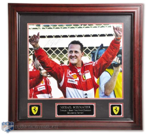 Michael Schumacher Signed Ferrari Framed Photo Display (26" x 28")