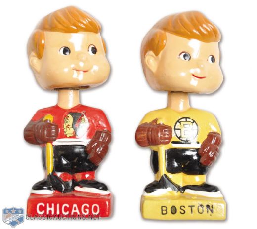 Boston Bruins and Chicago Black Hawks 1961-63 Mini Nodders / Bobbing Head Dolls in Boxes